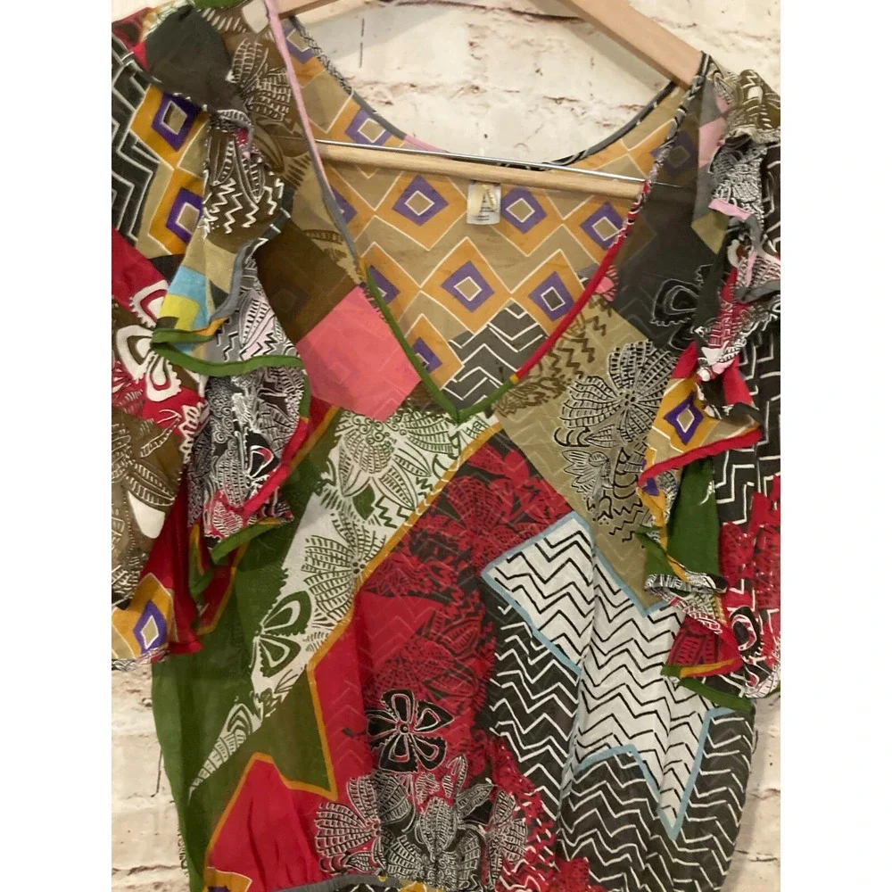 Pinkerton Dress Womens Medium Silk Ruffle Retro Geometric Lightweight Semi Sheer - Picture 5 of 14